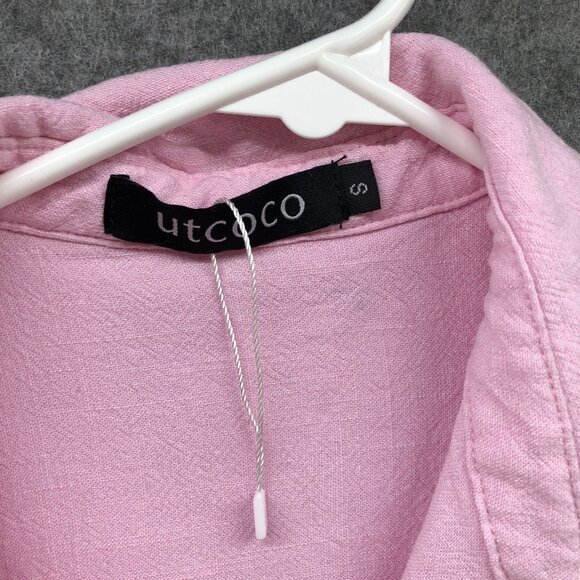 Utcoco Cotton Linen Shirt Dress Womens S Pink Roll Tab Sleeve Midi Relaxed - Picture 6 of 10